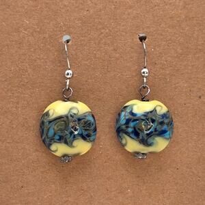 Art Glass Lampwork Style Drop Earrings Blue Yellow Swirl Bead – Artisan
